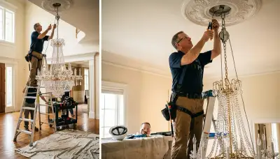 Electrician installing a chandelier in a Cambridge, MA home with secure wiring and ceiling support