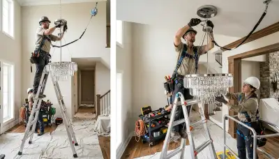 Electrician installing a chandelier in a Cambridge, MA home