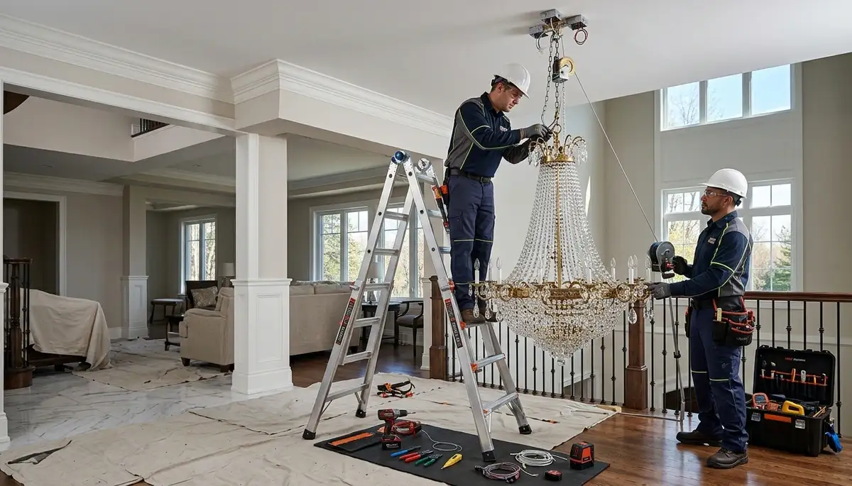 Electrician installing a chandelier in a Cambridge, MA home