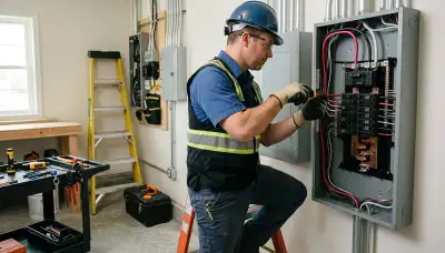 Electrician performing an electrical panel upgrade for a Cambridge, MA home