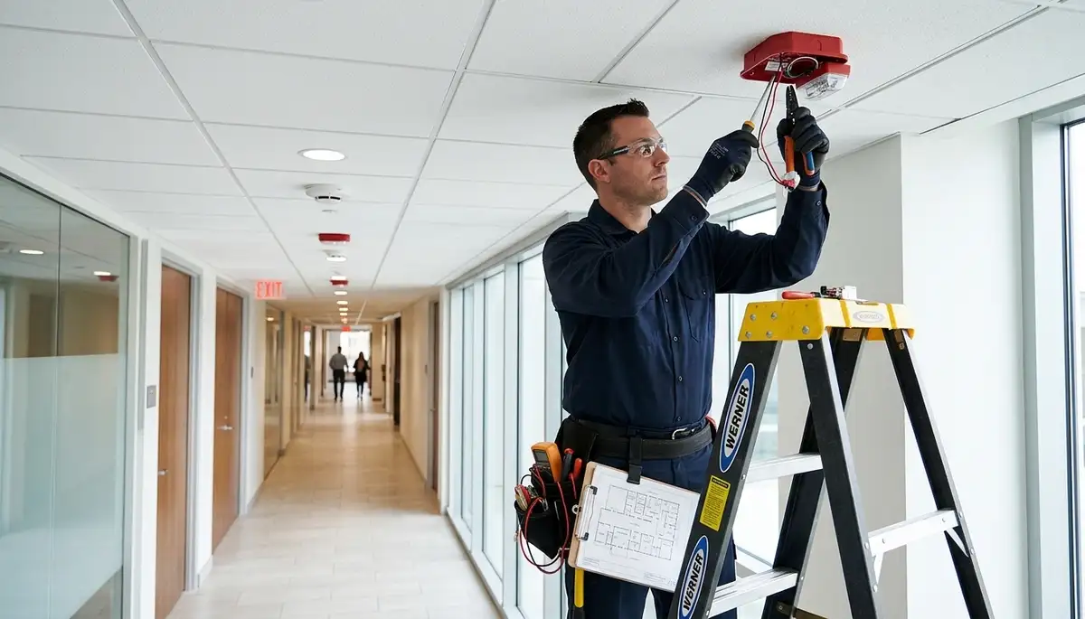 Electrician installing a fire alarm system in a Cambridge, MA home