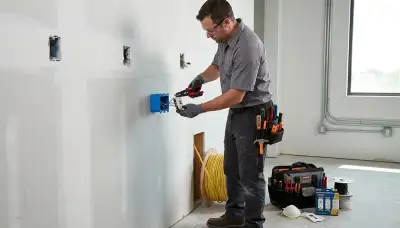 Electrician installing a GFCI outlet in a Cambridge, MA home