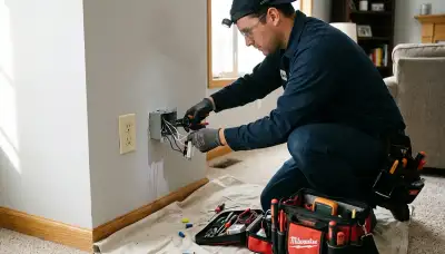 Electrician installing a GFCI outlet in a Cambridge, MA home