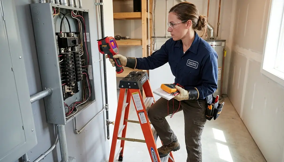 Electrician inspecting a home electrical panel during a Cambridge, MA electrical inspection