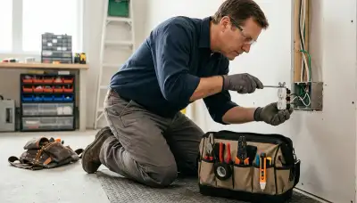 Electrician repairing a wall outlet in a Cambridge, MA home