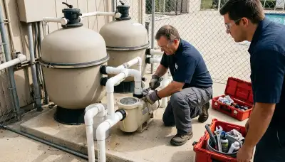 Electrician servicing pool pump wiring at a Cambridge, MA home