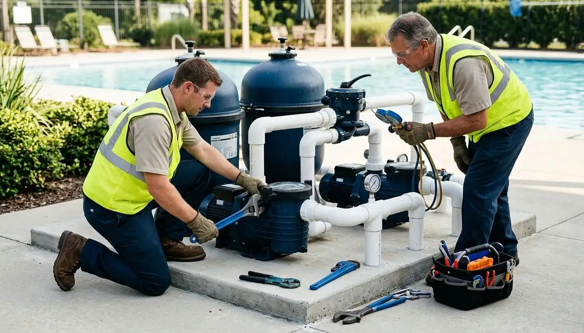 Electrician inspecting pool pump wiring at a Cambridge, MA home