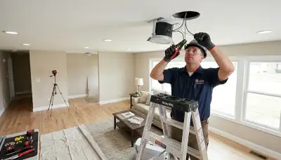Electrician installing recessed lighting in a Cambridge, MA home
