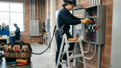 Electrician repairing a wall switch in a Cambridge, MA home