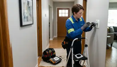 Electrician installing a thermostat in a Cambridge, MA home