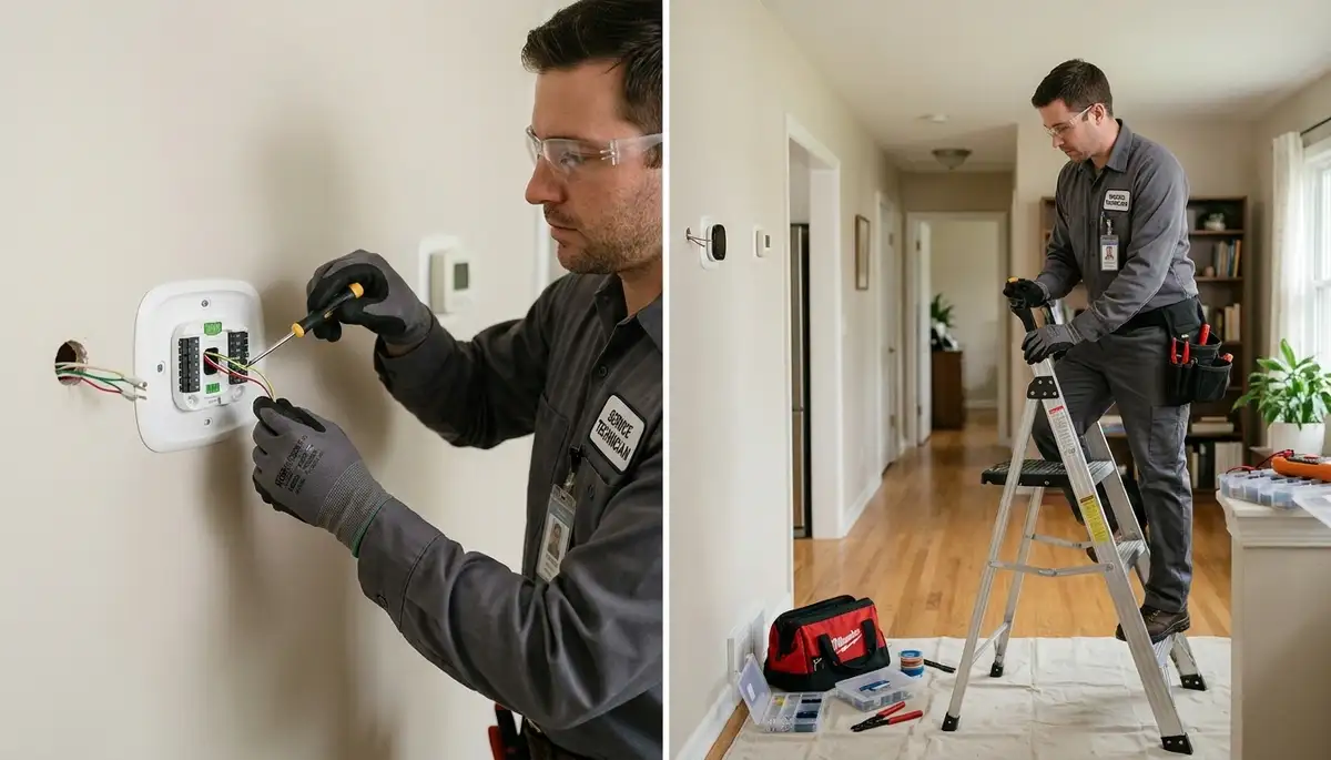 Electrician installing a smart thermostat in a Cambridge, MA home